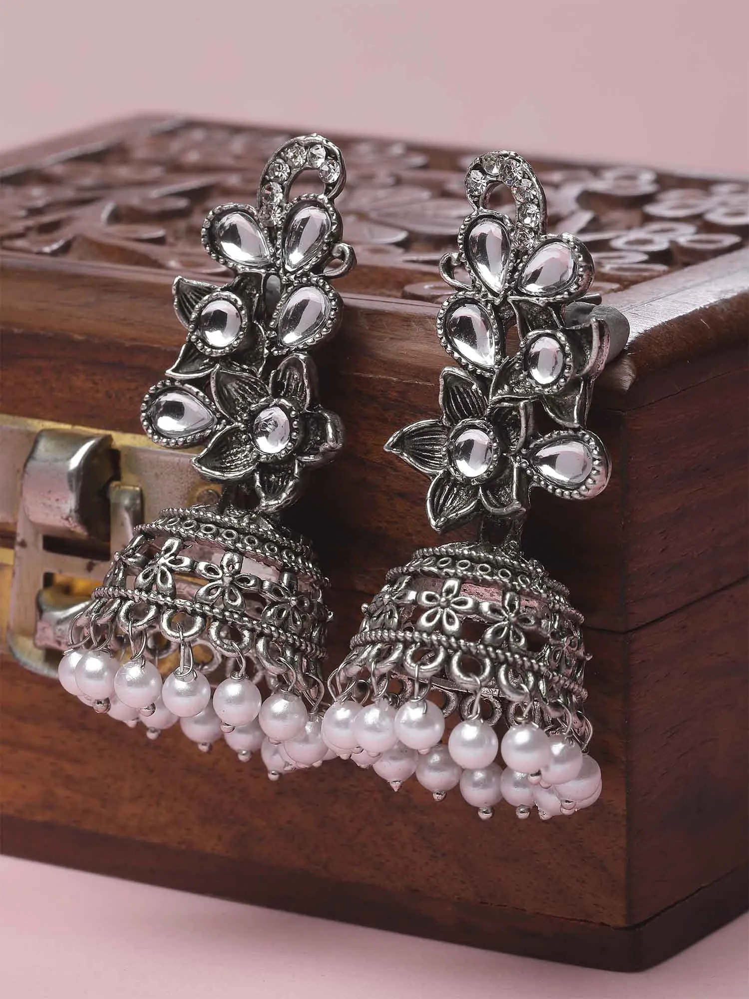 Karatcart Oxidised Silver Floral Dangler Earrings for Women