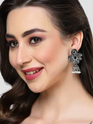 Karatcart Oxidised Silver Floral Design Black Stone Dangler Earring for Women