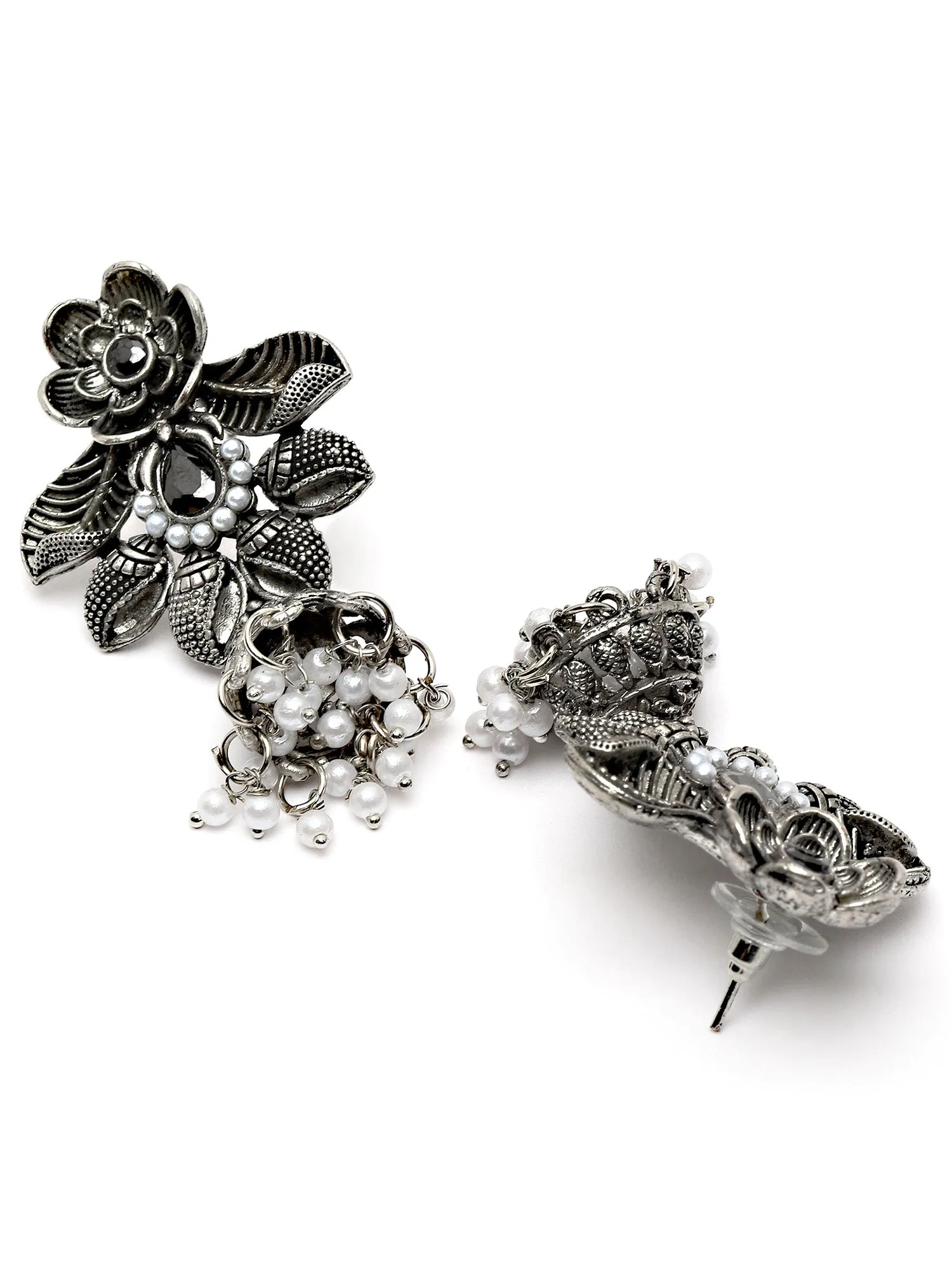Karatcart Oxidised Silver Floral Design Black Stone Dangler Earring for Women