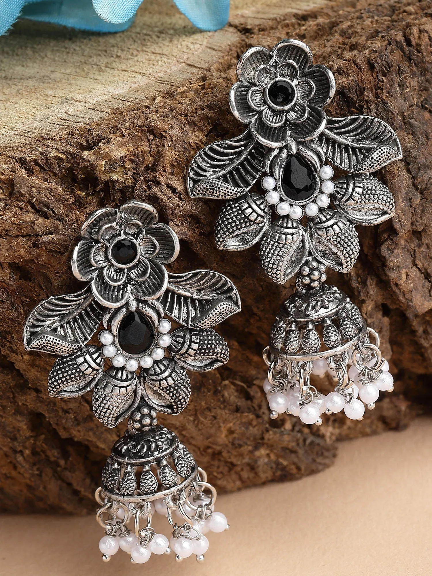 Karatcart Oxidised Silver Floral Design Black Stone Dangler Earring for Women