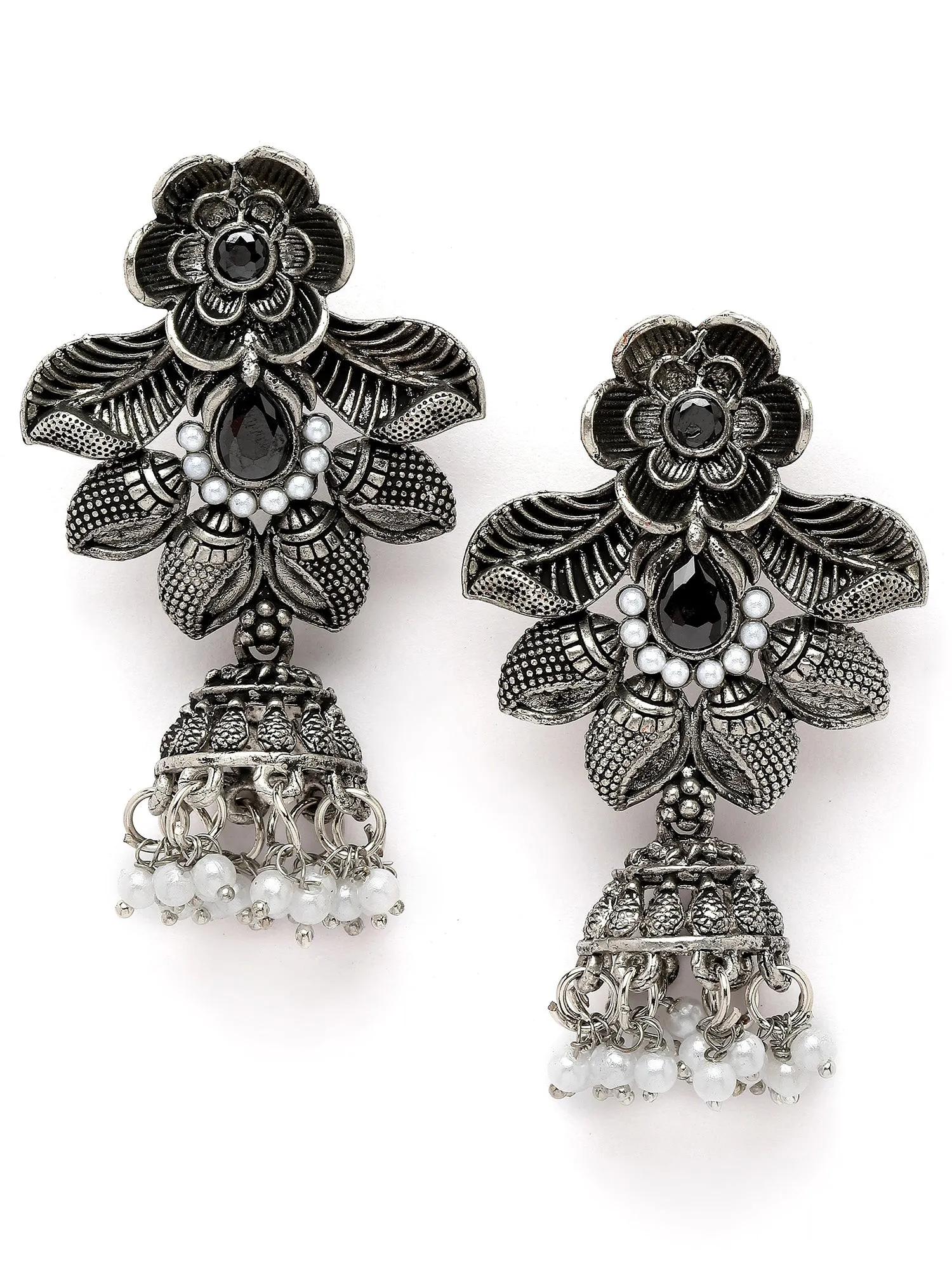 Karatcart Oxidised Silver Floral Design Black Stone Dangler Earring for Women