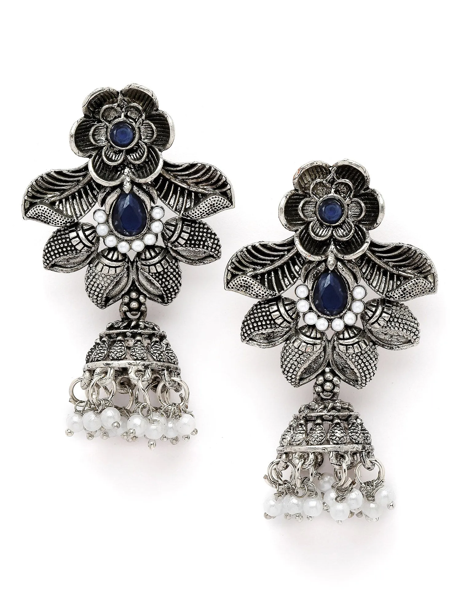 Karatcart Oxidised Silver Floral Design Blue Stone Dangler Earring for Women