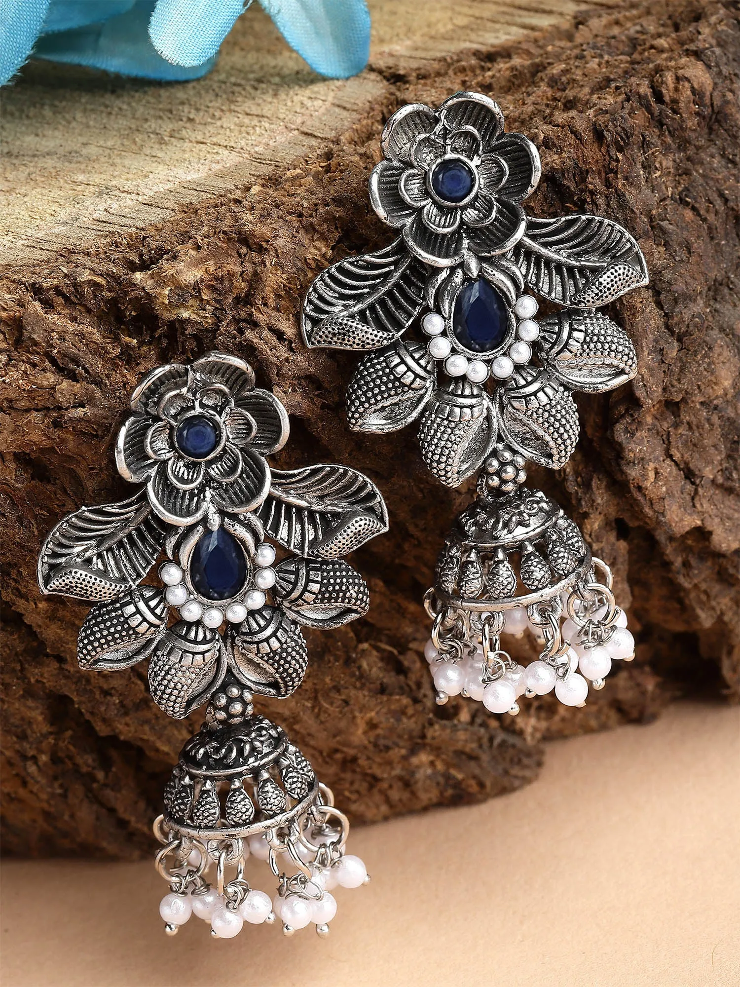 Karatcart Oxidised Silver Floral Design Blue Stone Dangler Earring for Women