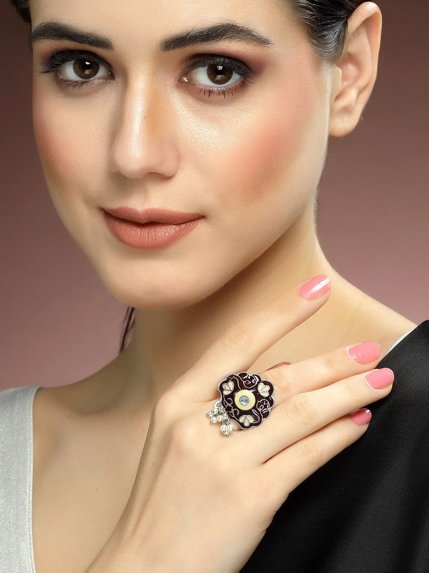 Karatcart Oxidised Silver Floral Design Brown & Cream Meena Finger Ring for Women