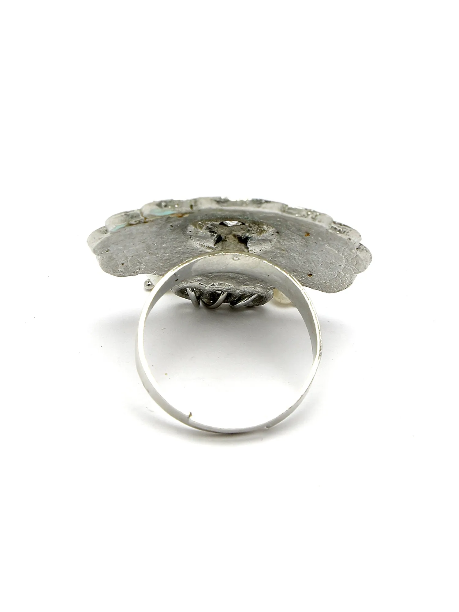 Karatcart Oxidised Silver Floral Design Brown & Cream Meena Finger Ring for Women