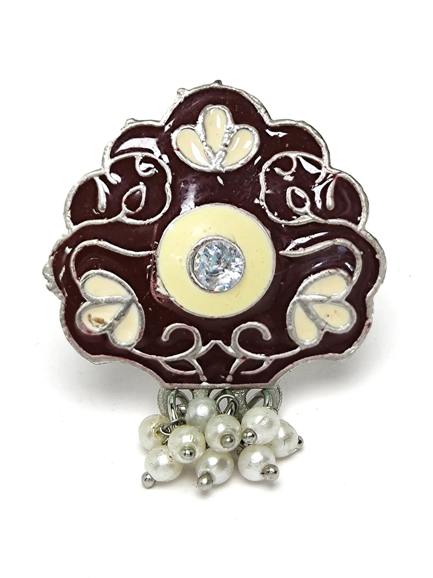 Karatcart Oxidised Silver Floral Design Brown & Cream Meena Finger Ring for Women