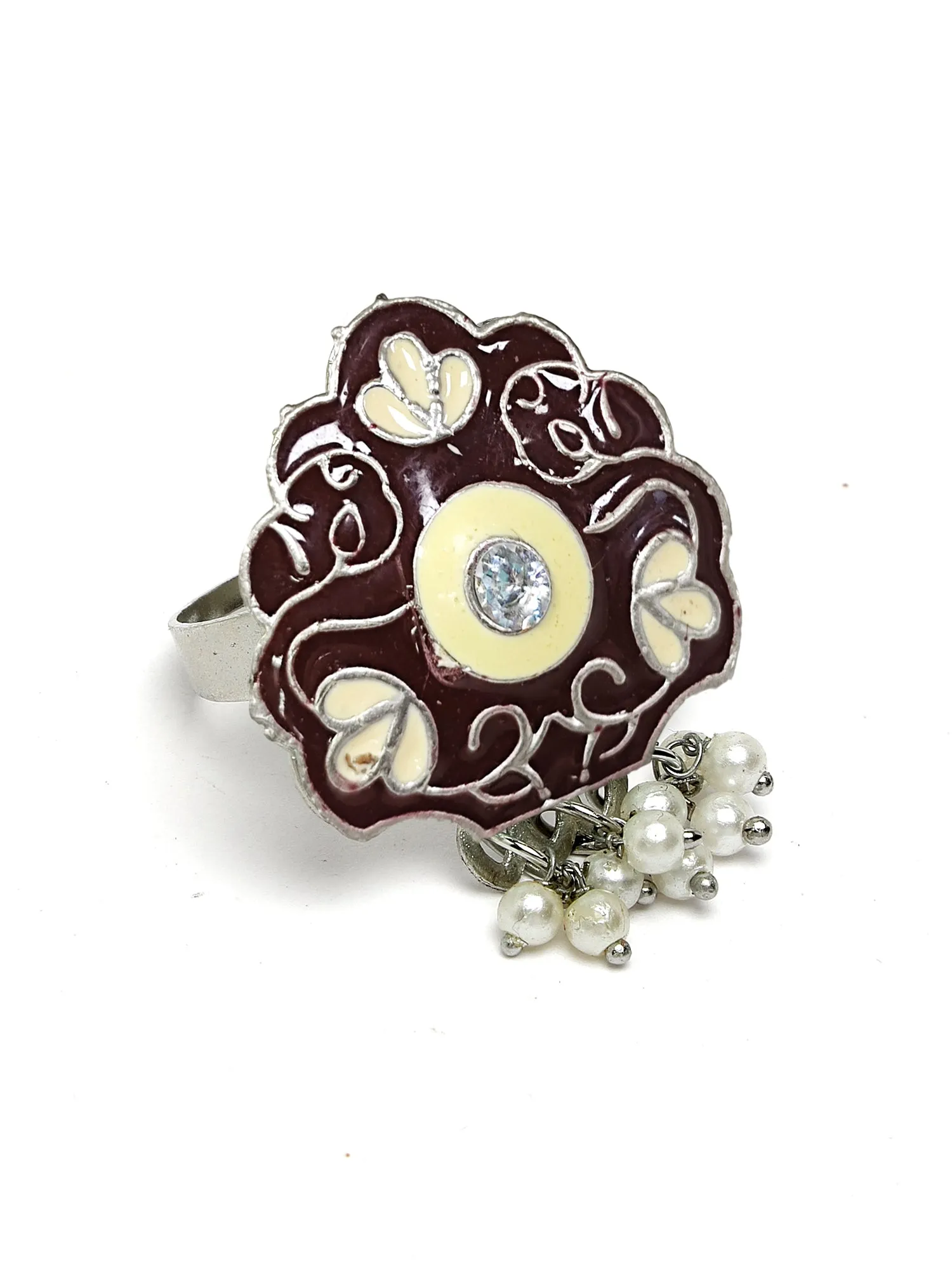 Karatcart Oxidised Silver Floral Design Brown & Cream Meena Finger Ring for Women