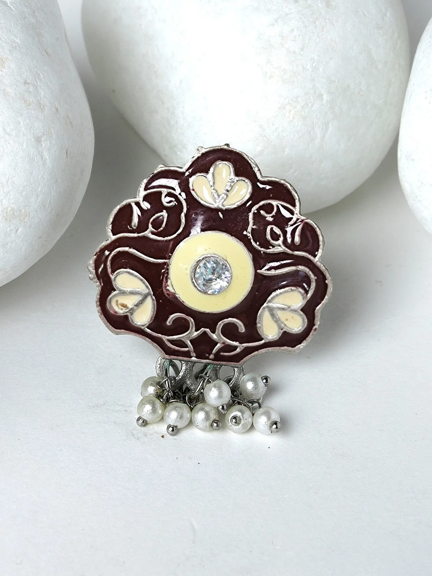 Karatcart Oxidised Silver Floral Design Brown & Cream Meena Finger Ring for Women