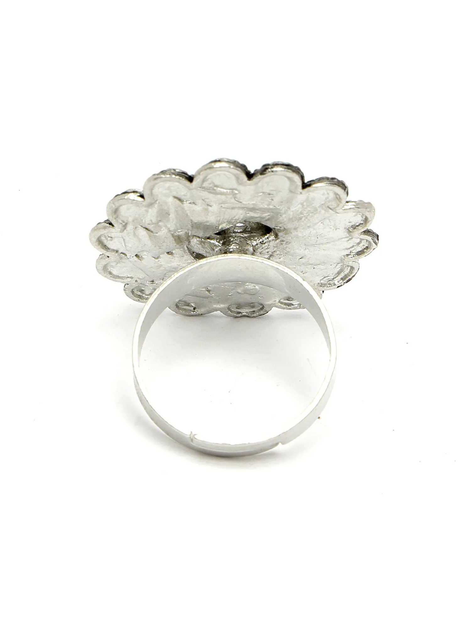 Karatcart Oxidised Silver Floral Design Brown and Cream Meena Finger Ring for Women