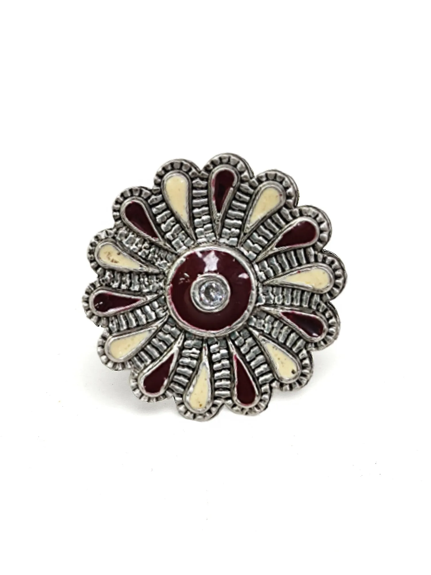 Karatcart Oxidised Silver Floral Design Brown and Cream Meena Finger Ring for Women