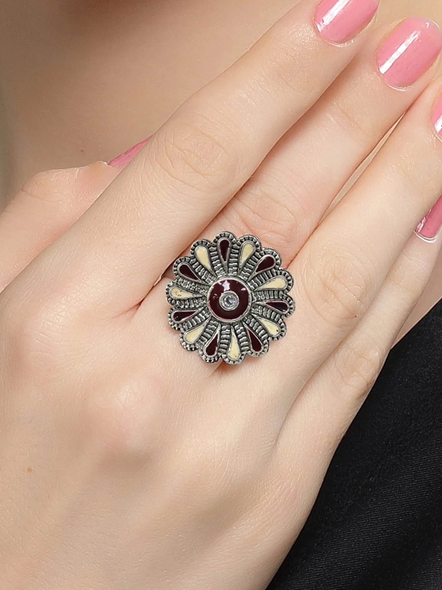 Karatcart Oxidised Silver Floral Design Brown and Cream Meena Finger Ring for Women