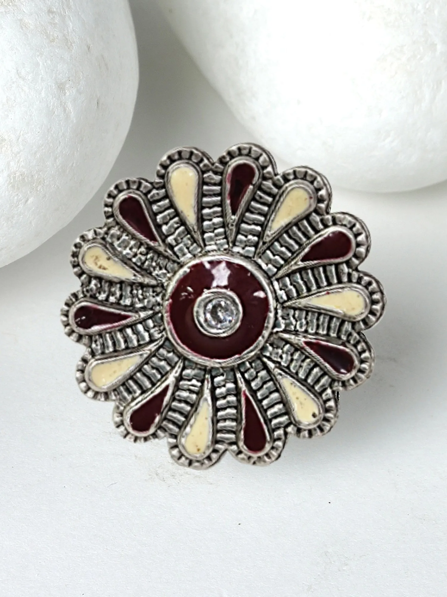 Karatcart Oxidised Silver Floral Design Brown and Cream Meena Finger Ring for Women