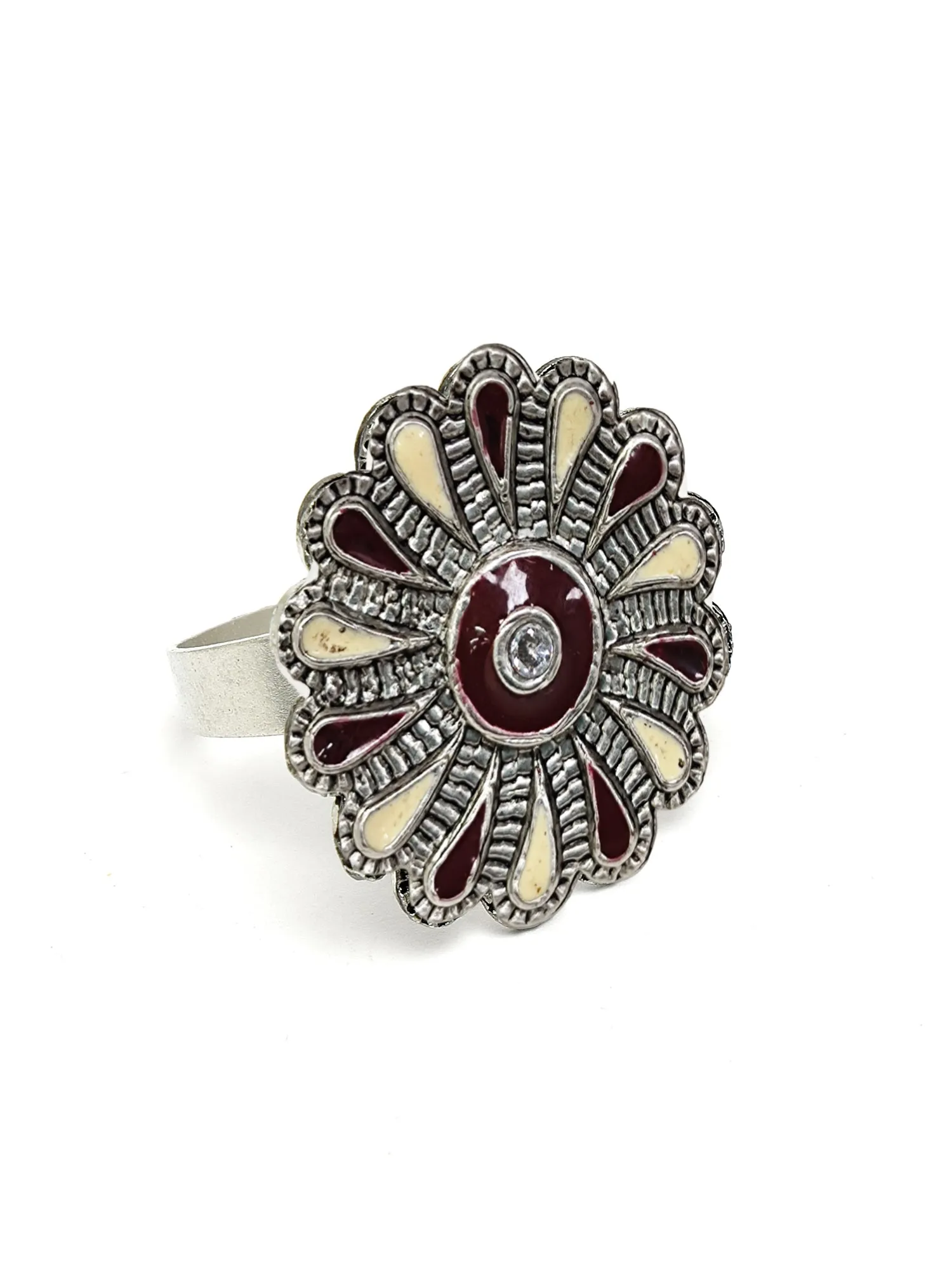Karatcart Oxidised Silver Floral Design Brown and Cream Meena Finger Ring for Women
