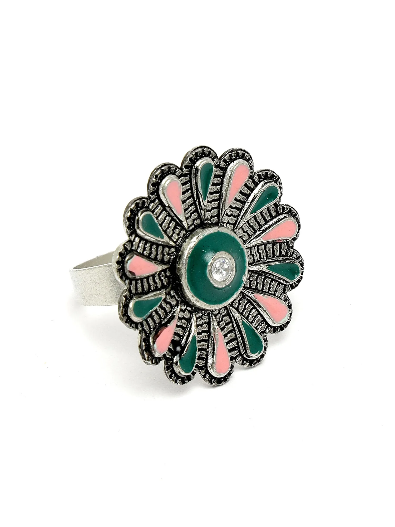 Karatcart Oxidised Silver Floral Design Green and Pink Meena Finger Ring for Women