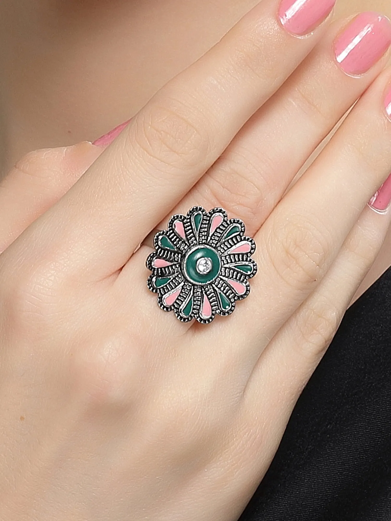 Karatcart Oxidised Silver Floral Design Green and Pink Meena Finger Ring for Women