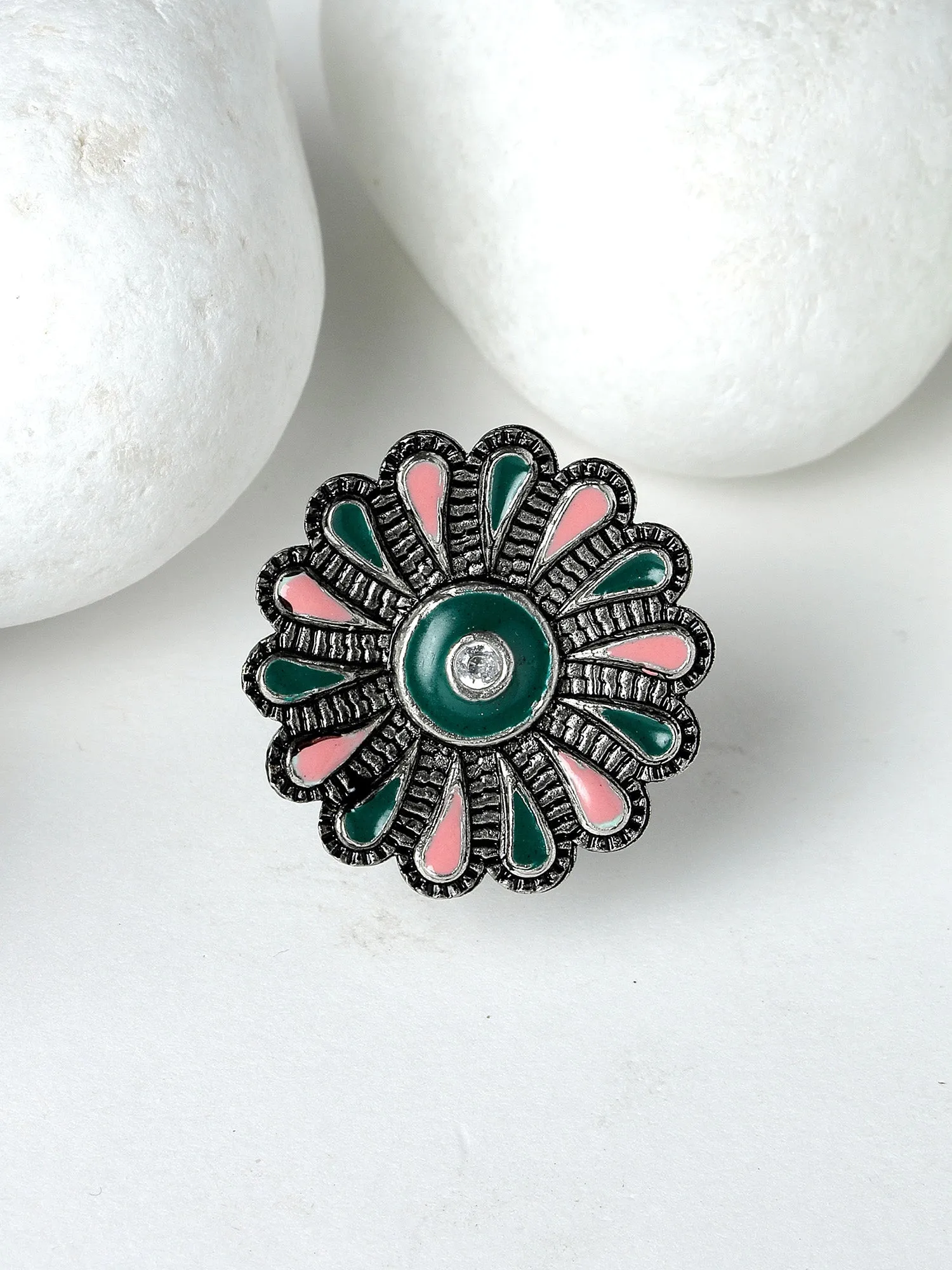 Karatcart Oxidised Silver Floral Design Green and Pink Meena Finger Ring for Women