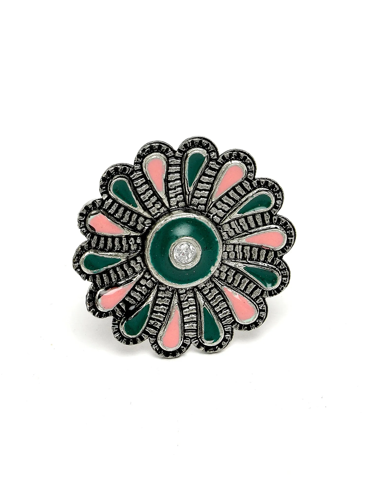 Karatcart Oxidised Silver Floral Design Green and Pink Meena Finger Ring for Women