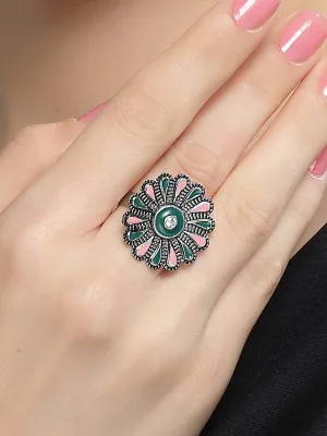 Karatcart Oxidised Silver Floral Design Green and Pink Meena Finger Ring for Women