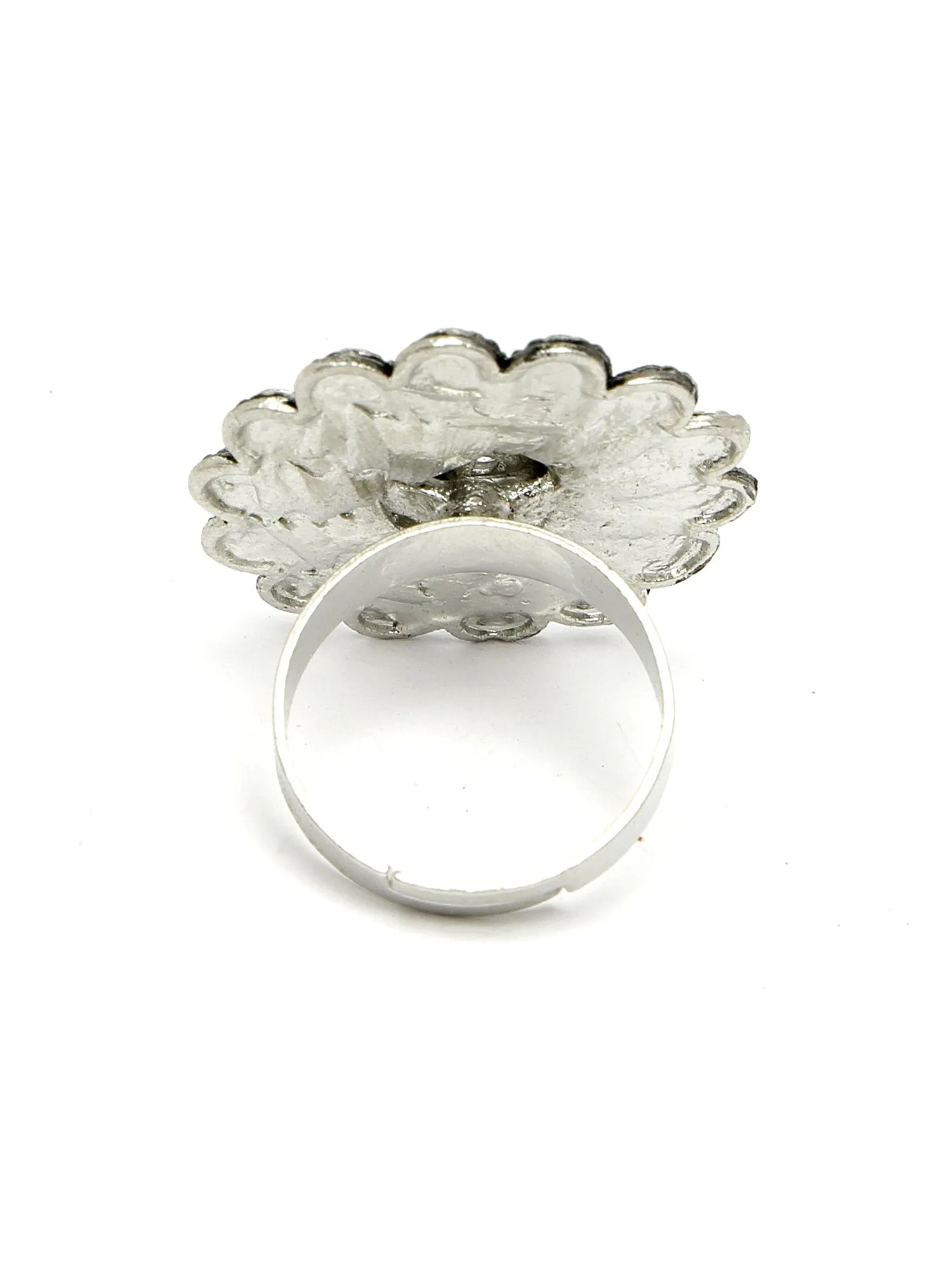 Karatcart Oxidised Silver Floral Design Green and Pink Meena Finger Ring for Women
