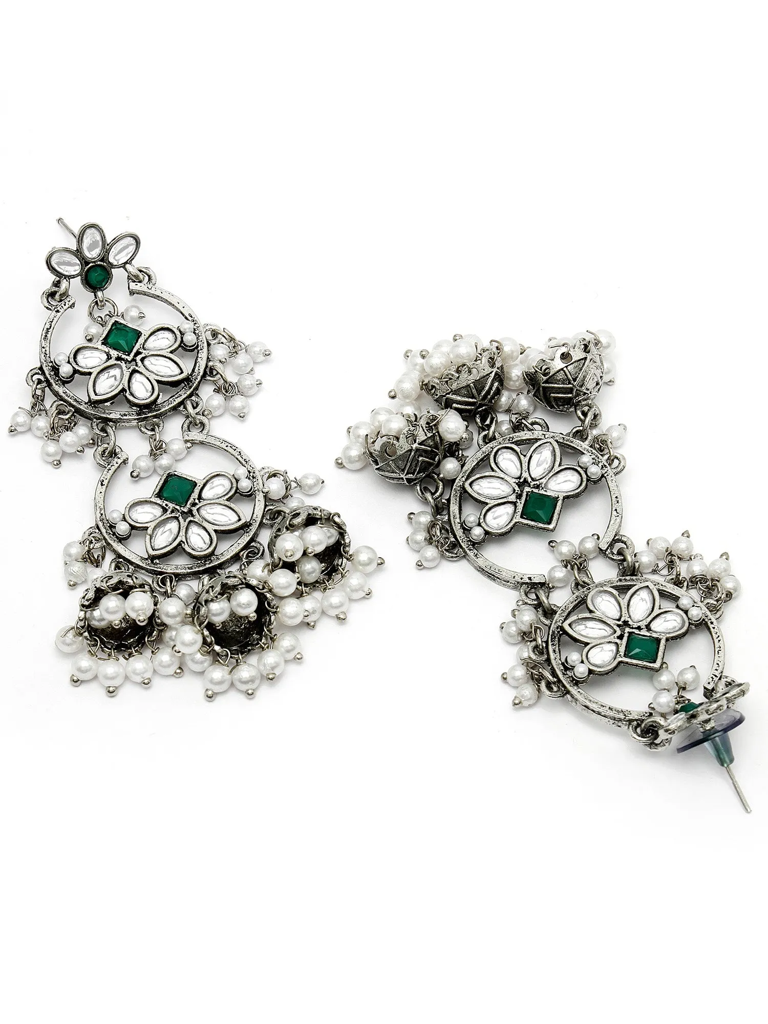 Karatcart Oxidised Silver Floral Design Green Kundan Drop Earrings for Women