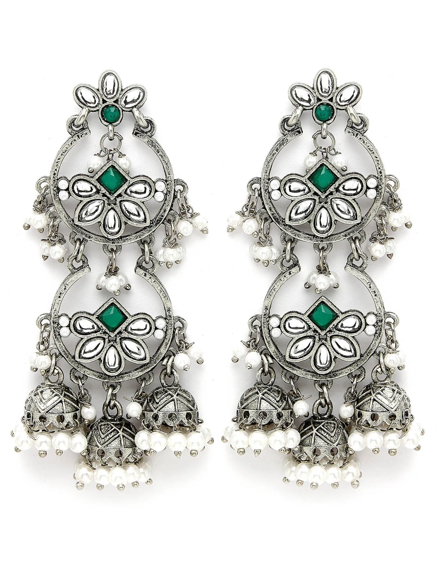 Karatcart Oxidised Silver Floral Design Green Kundan Drop Earrings for Women