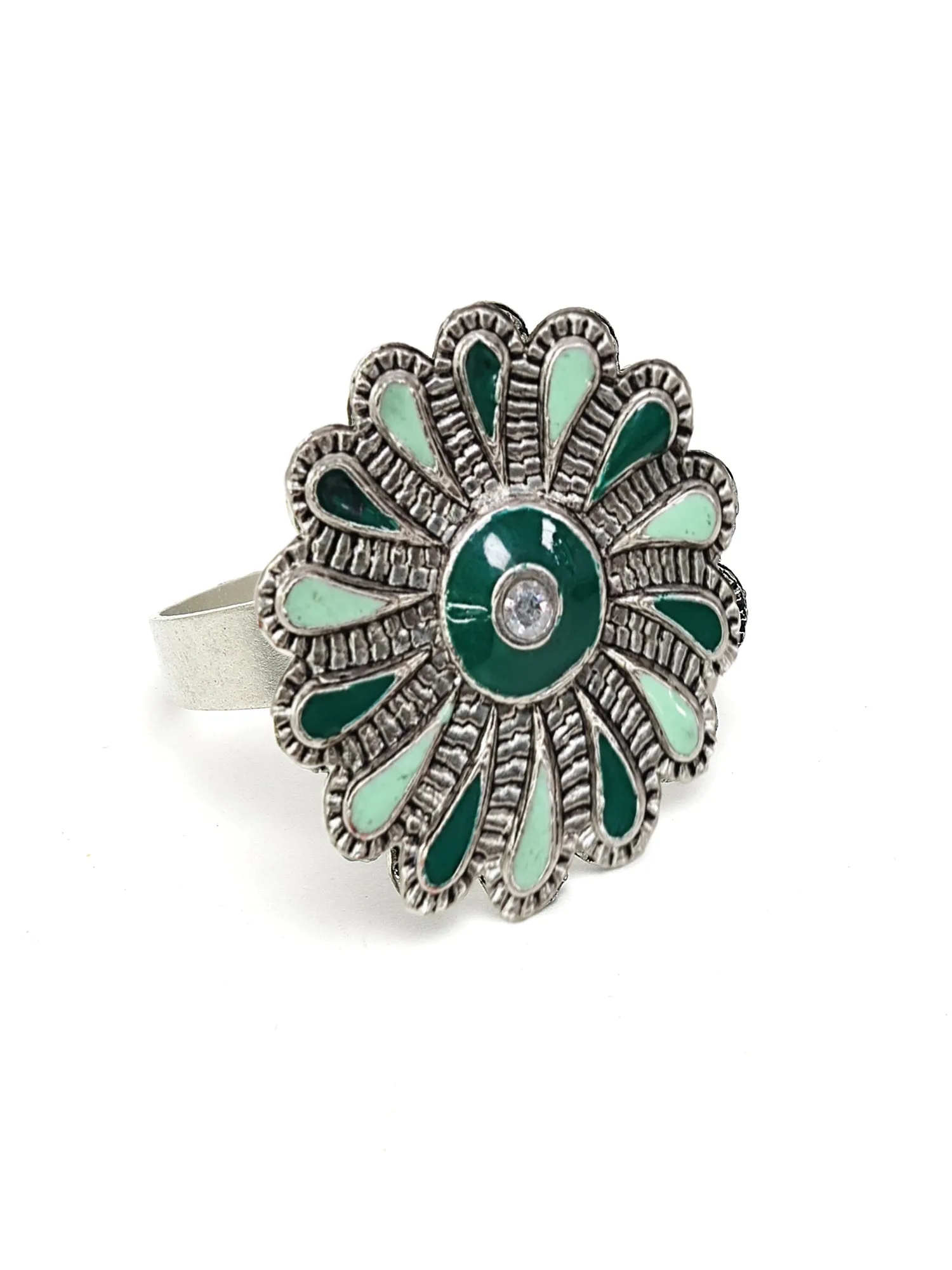 Karatcart Oxidised Silver Floral Design Green Meena Finger Ring for Women