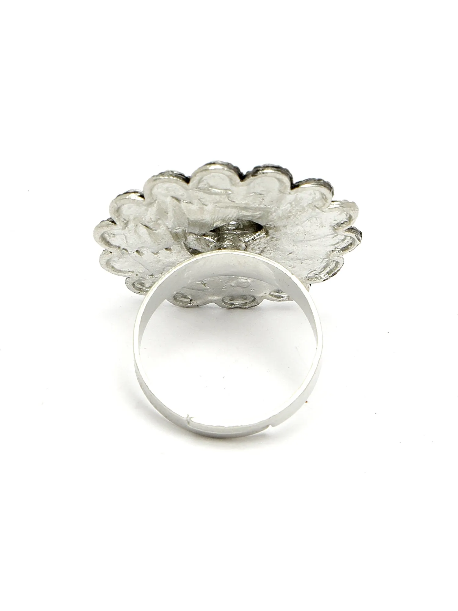 Karatcart Oxidised Silver Floral Design Green Meena Finger Ring for Women