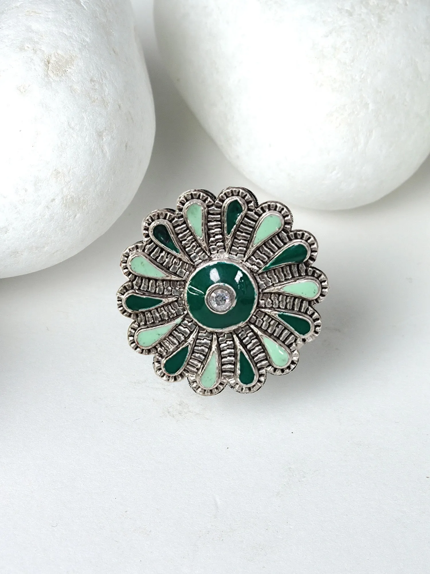 Karatcart Oxidised Silver Floral Design Green Meena Finger Ring for Women