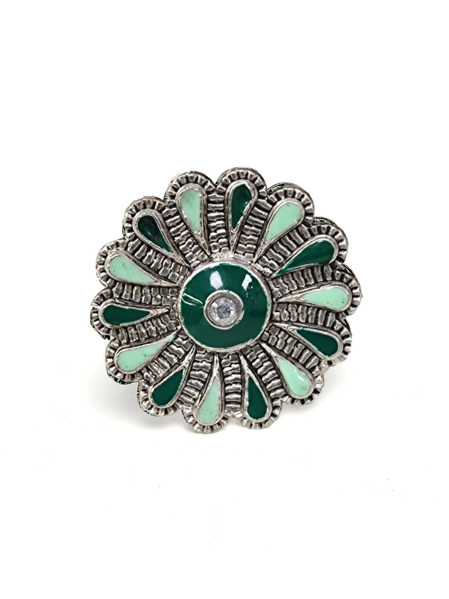 Karatcart Oxidised Silver Floral Design Green Meena Finger Ring for Women
