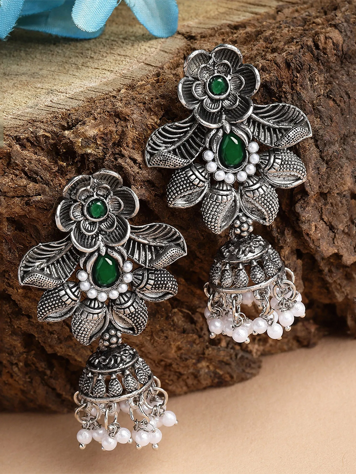 Karatcart Oxidised Silver Floral Design Green Stone Dangler Earring for Women