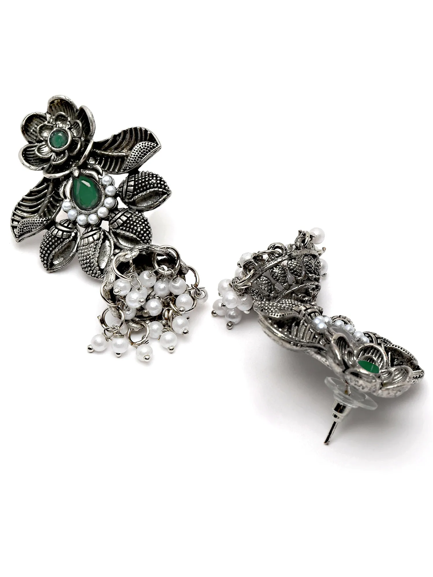Karatcart Oxidised Silver Floral Design Green Stone Dangler Earring for Women