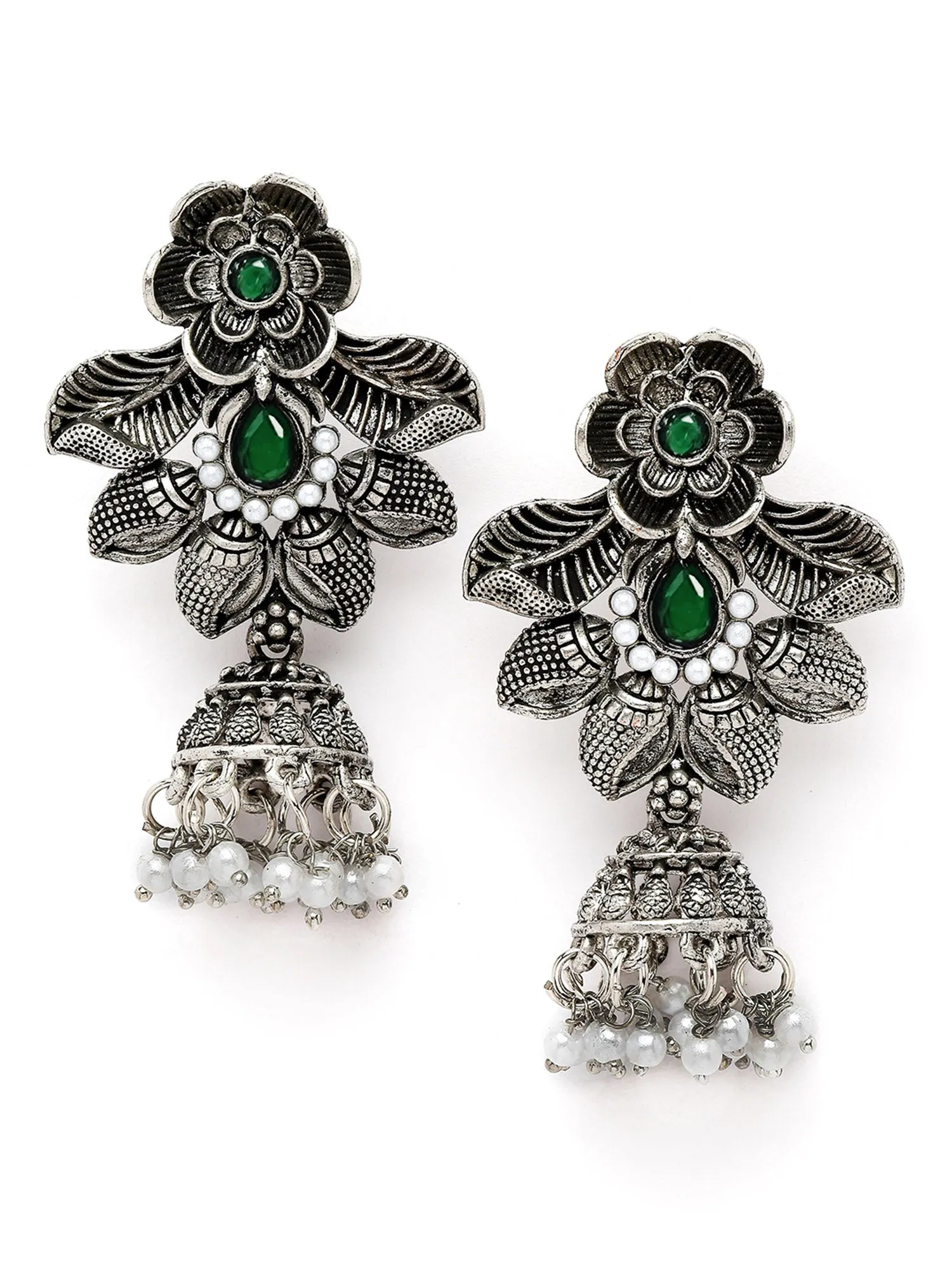 Karatcart Oxidised Silver Floral Design Green Stone Dangler Earring for Women