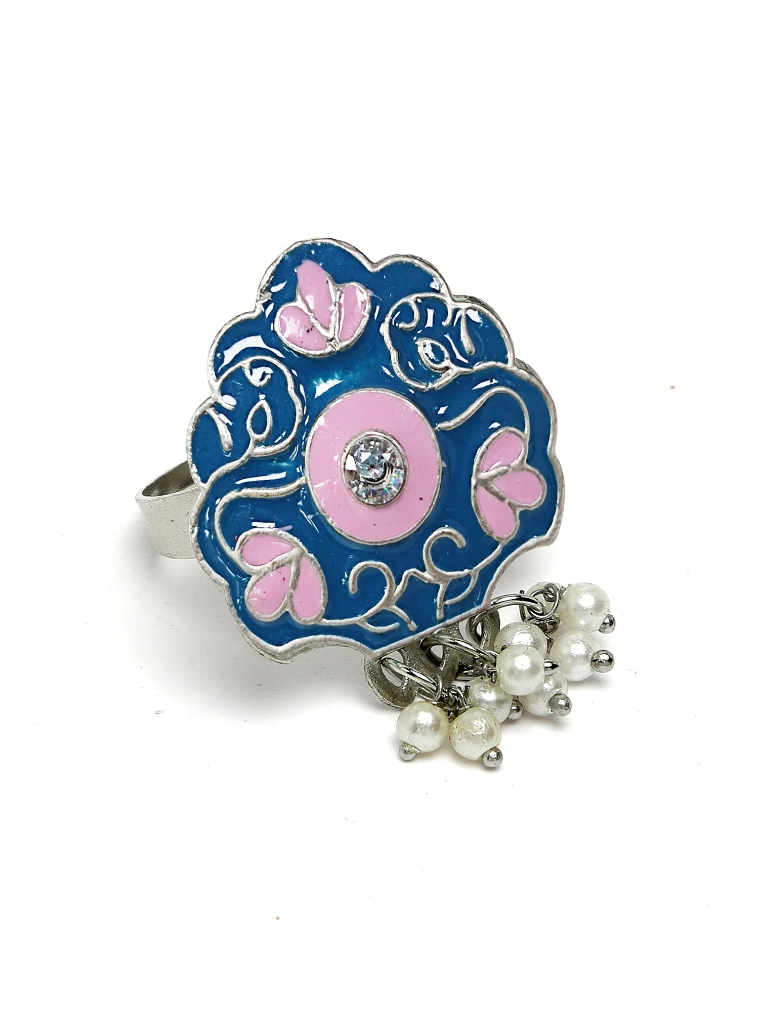 Karatcart Oxidised Silver Floral Design Lime Blue and Pink Meena Finger Ring for Women