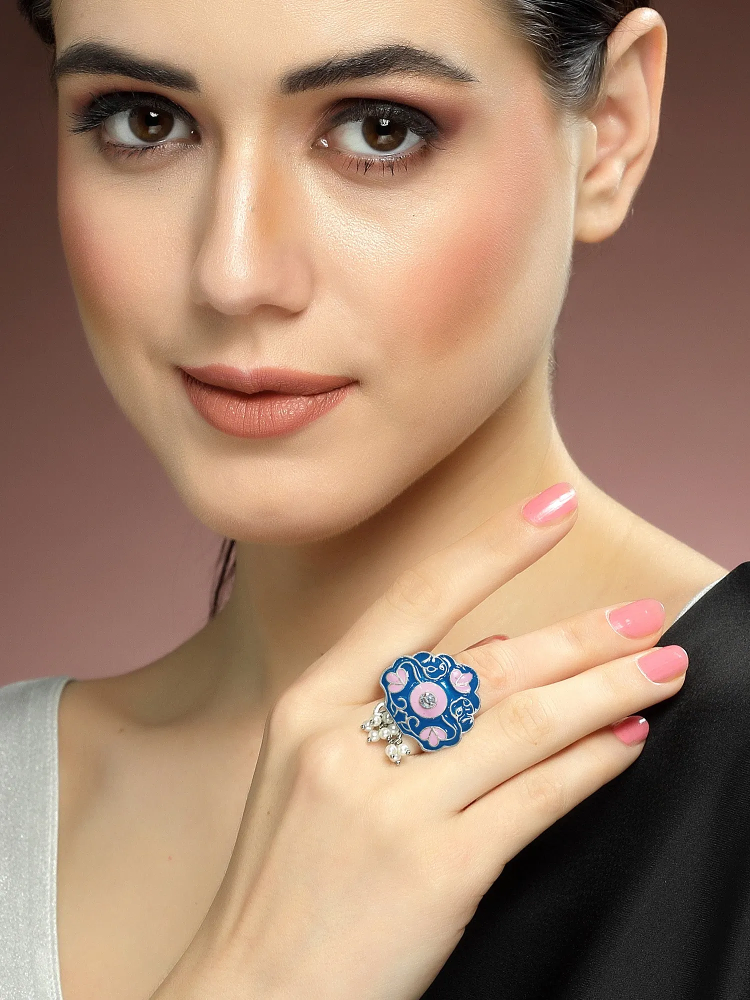 Karatcart Oxidised Silver Floral Design Lime Blue and Pink Meena Finger Ring for Women