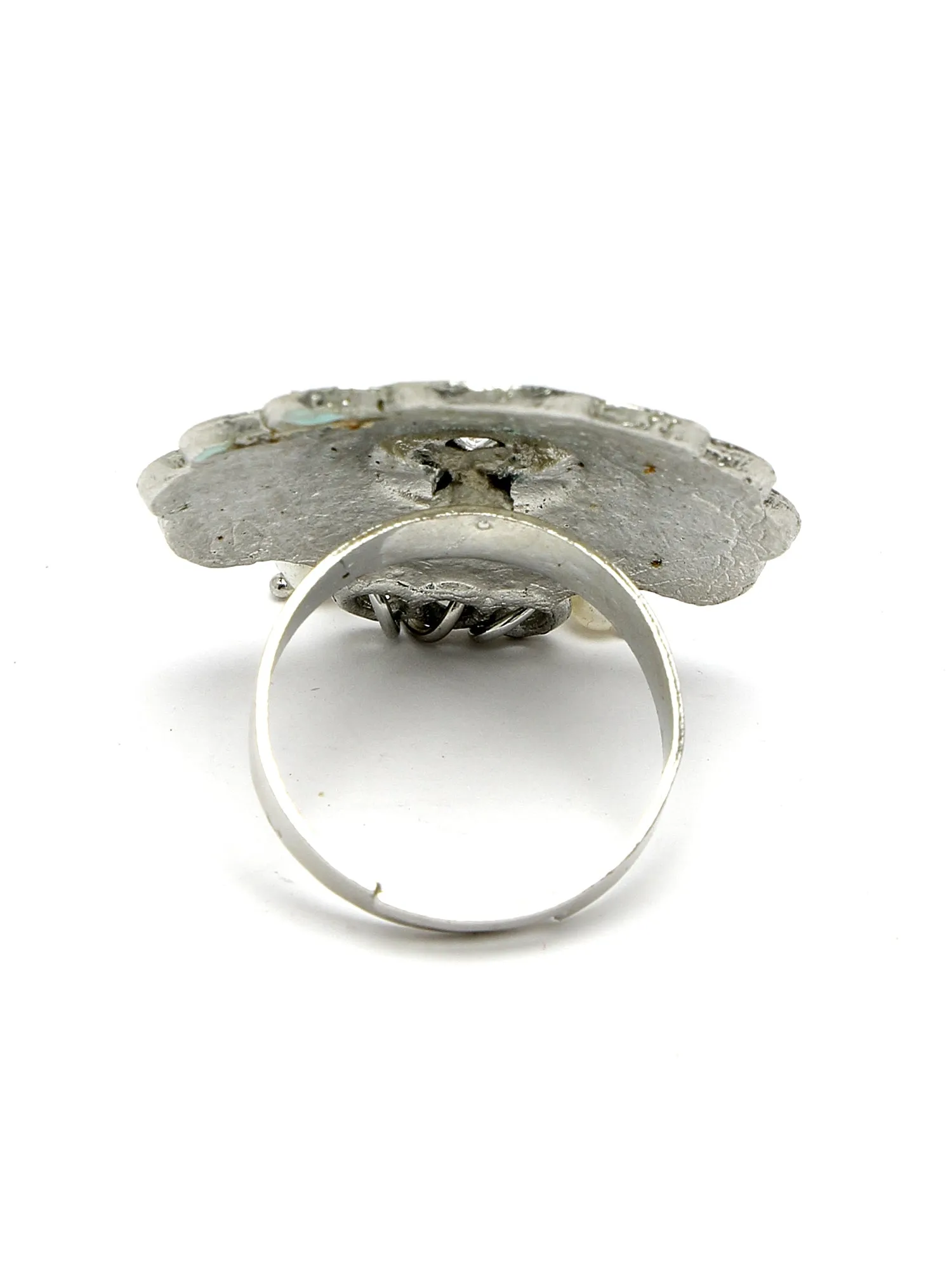 Karatcart Oxidised Silver Floral Design Lime Blue and Pink Meena Finger Ring for Women