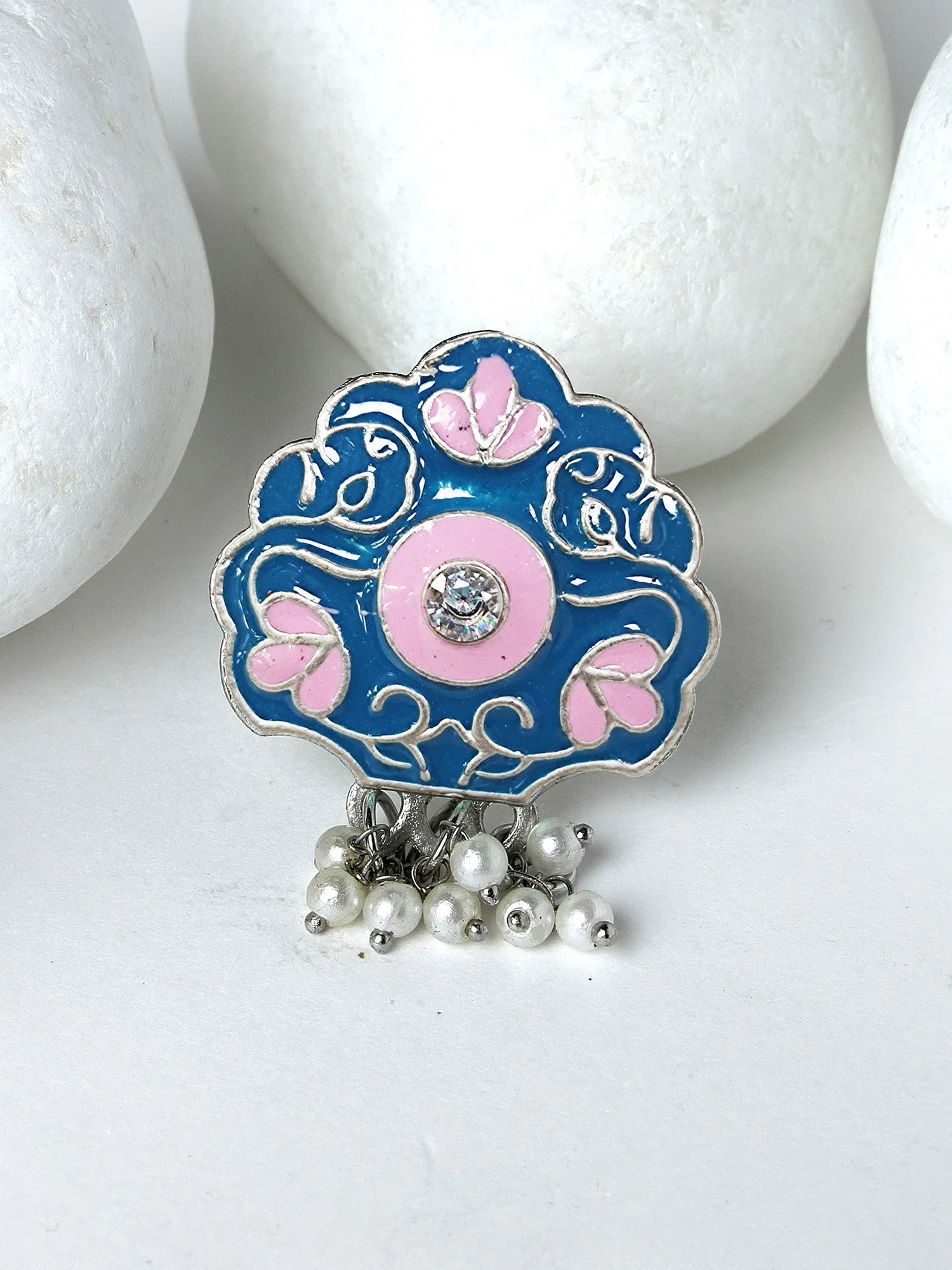Karatcart Oxidised Silver Floral Design Lime Blue and Pink Meena Finger Ring for Women