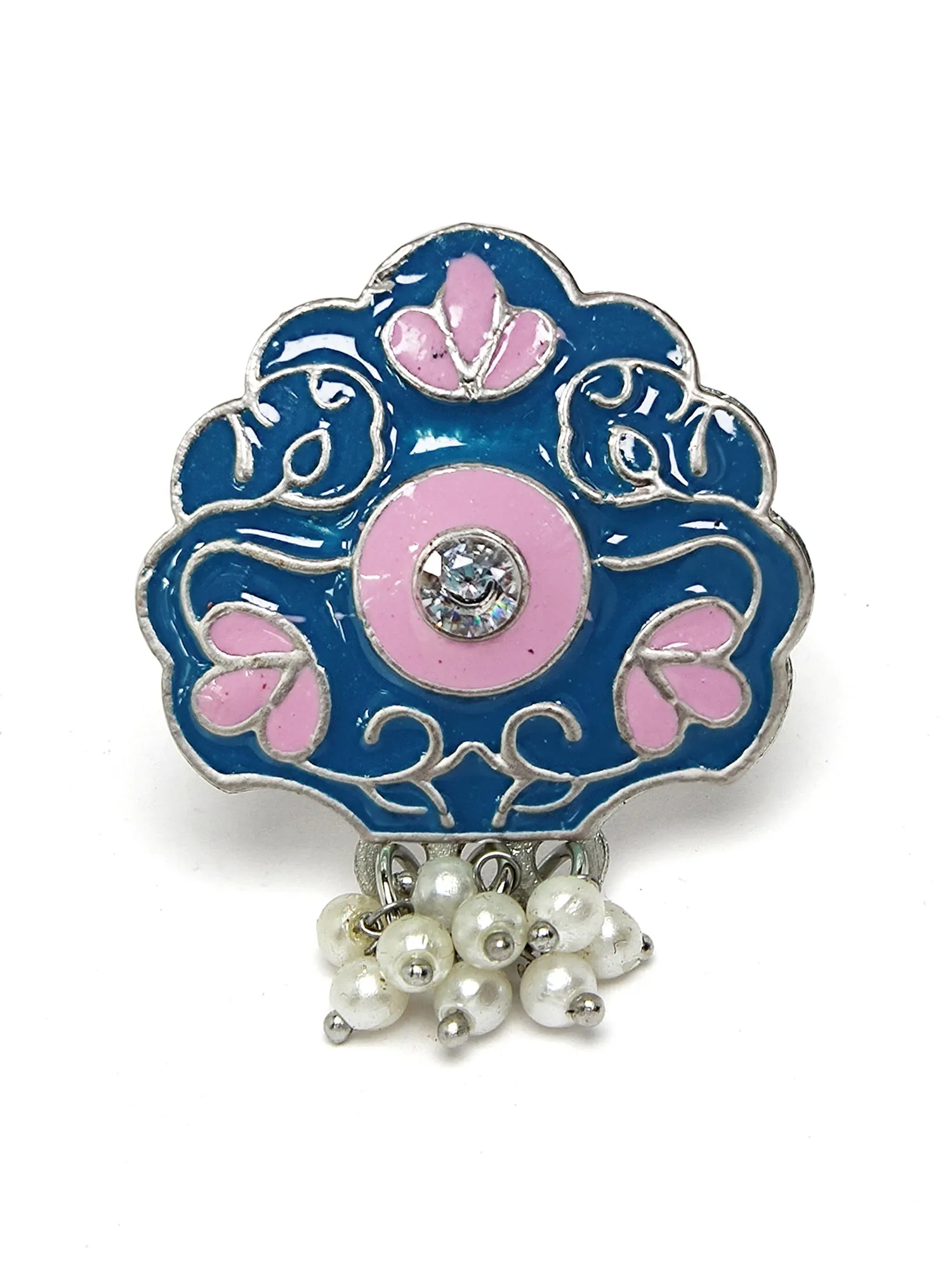 Karatcart Oxidised Silver Floral Design Lime Blue and Pink Meena Finger Ring for Women
