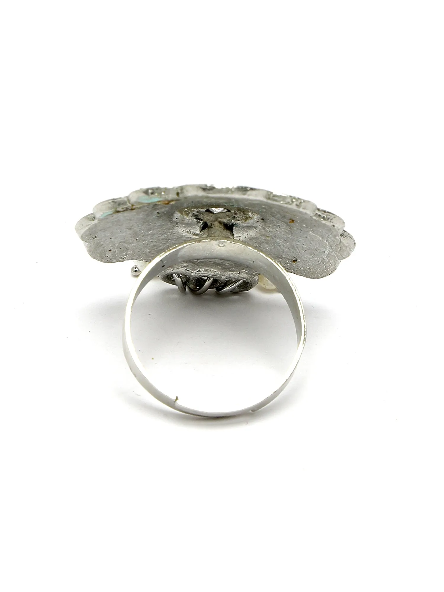 Karatcart Oxidised Silver Floral Design Lime Green and Pink Meena Finger Ring for Women