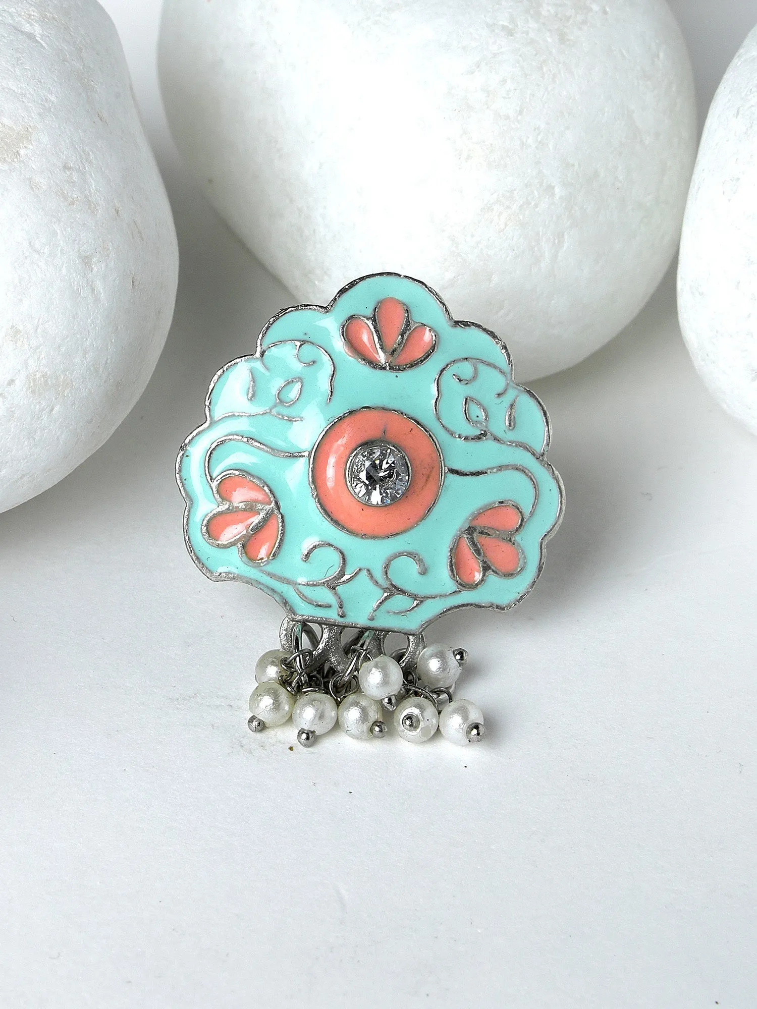 Karatcart Oxidised Silver Floral Design Lime Green and Pink Meena Finger Ring for Women