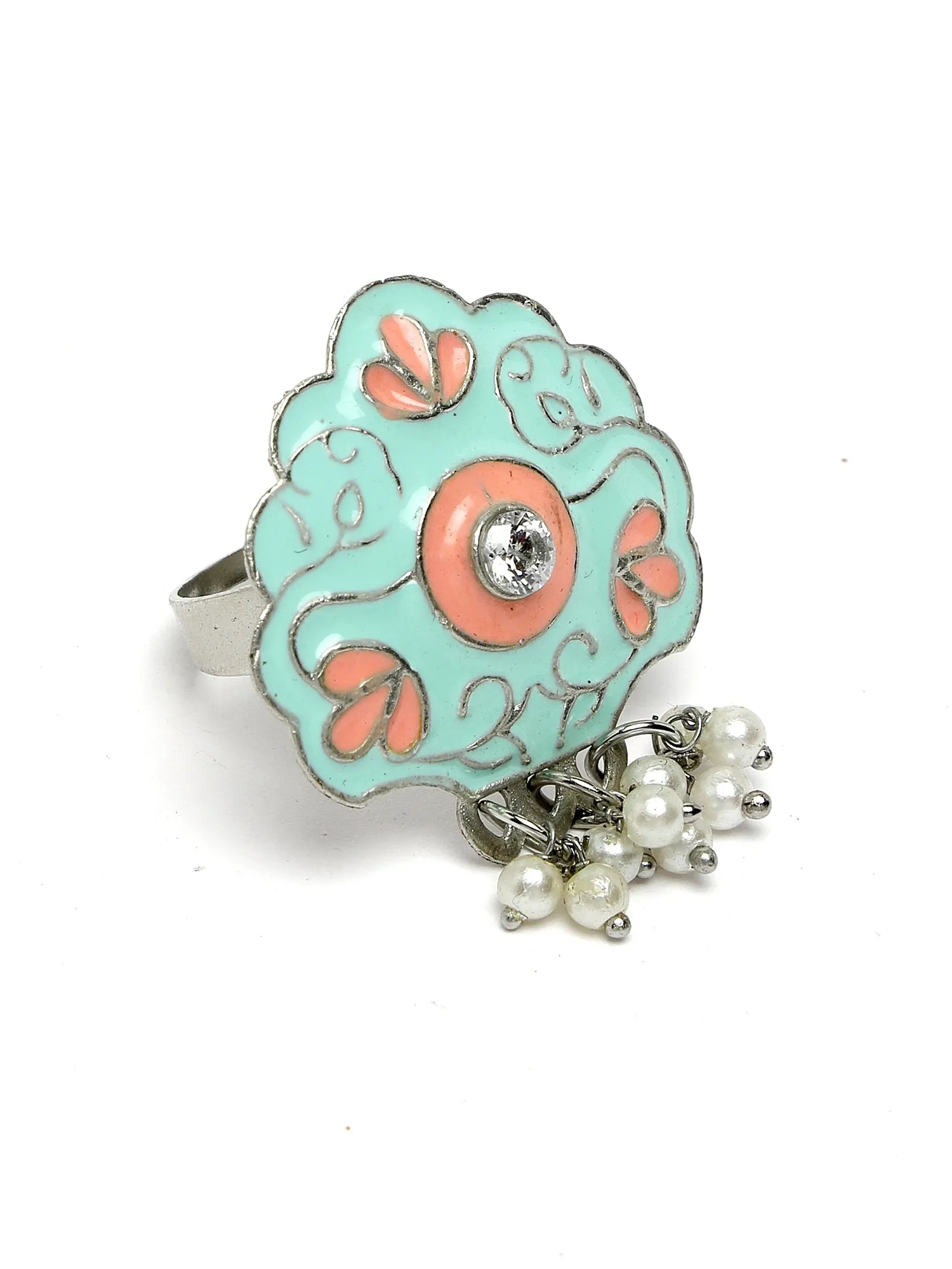 Karatcart Oxidised Silver Floral Design Lime Green and Pink Meena Finger Ring for Women
