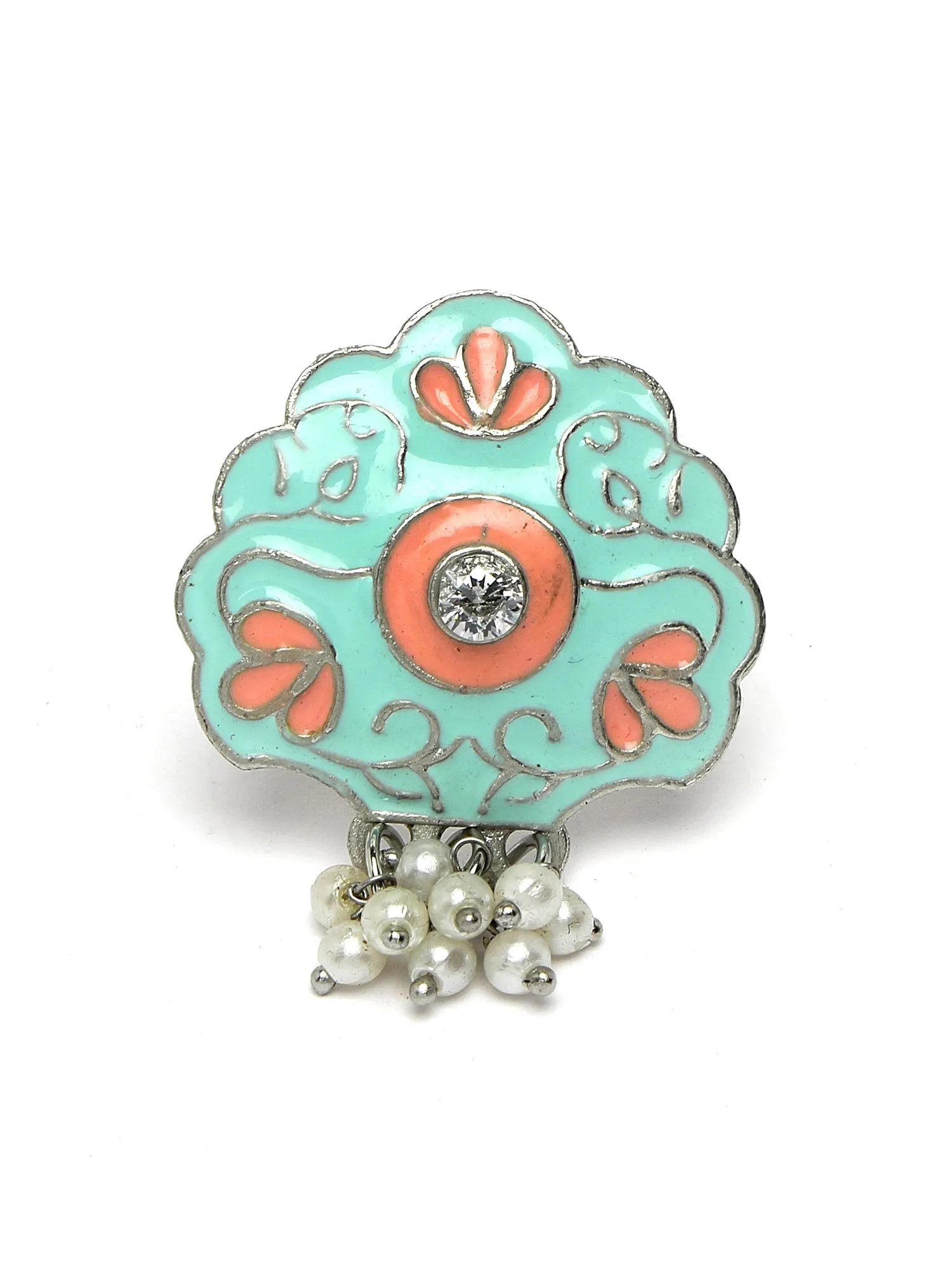 Karatcart Oxidised Silver Floral Design Lime Green and Pink Meena Finger Ring for Women