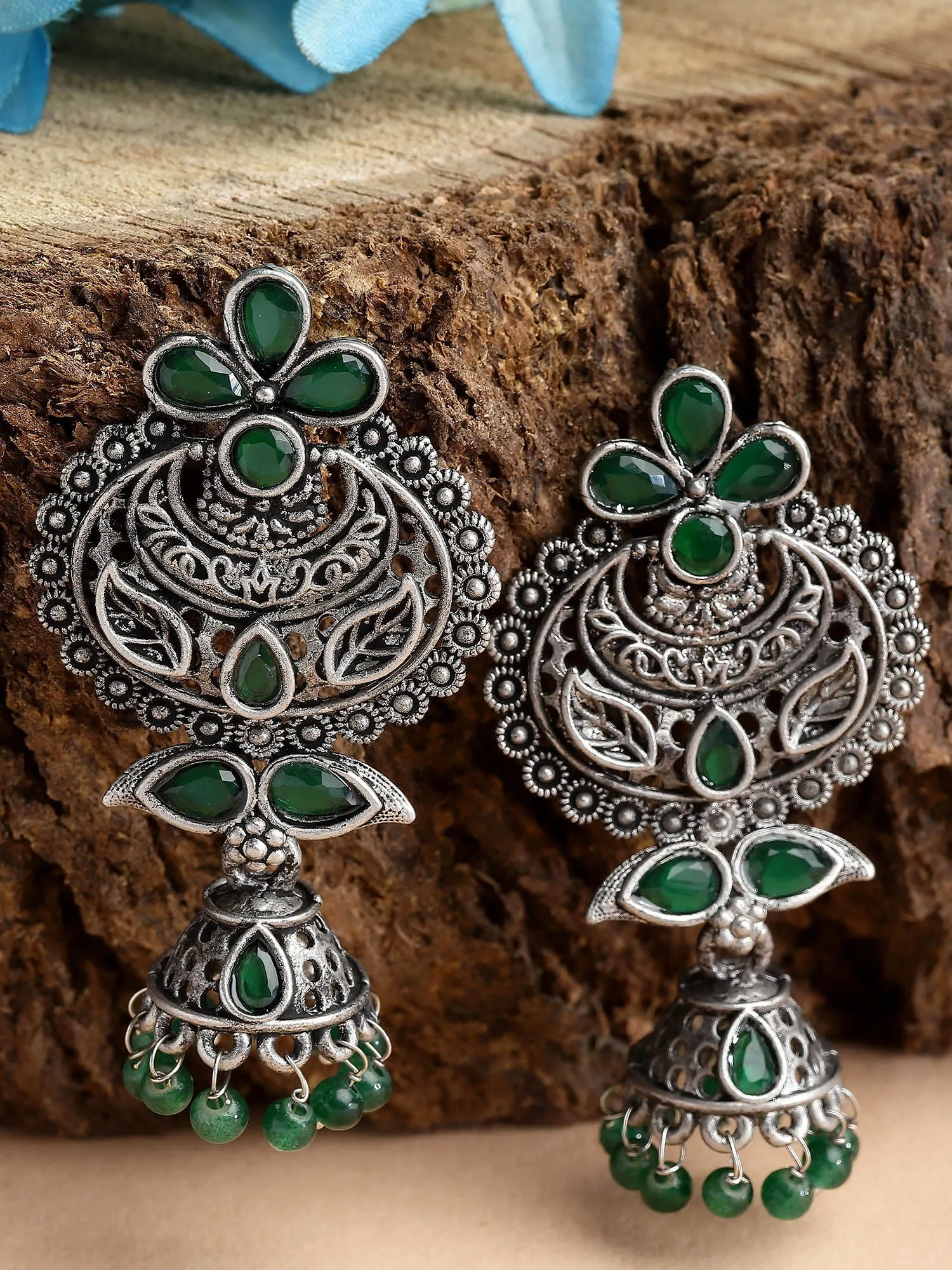 Karatcart Oxidised Silver Green Beads and Stone Studded Dangler Earring for Women