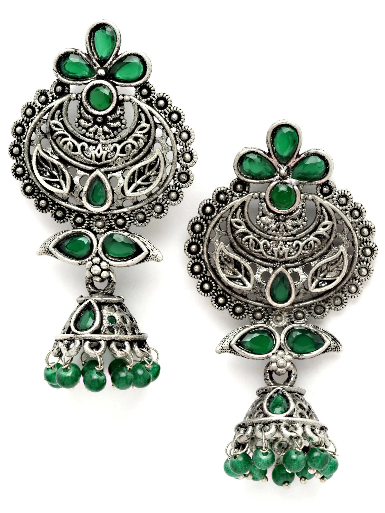 Karatcart Oxidised Silver Green Beads and Stone Studded Dangler Earring for Women