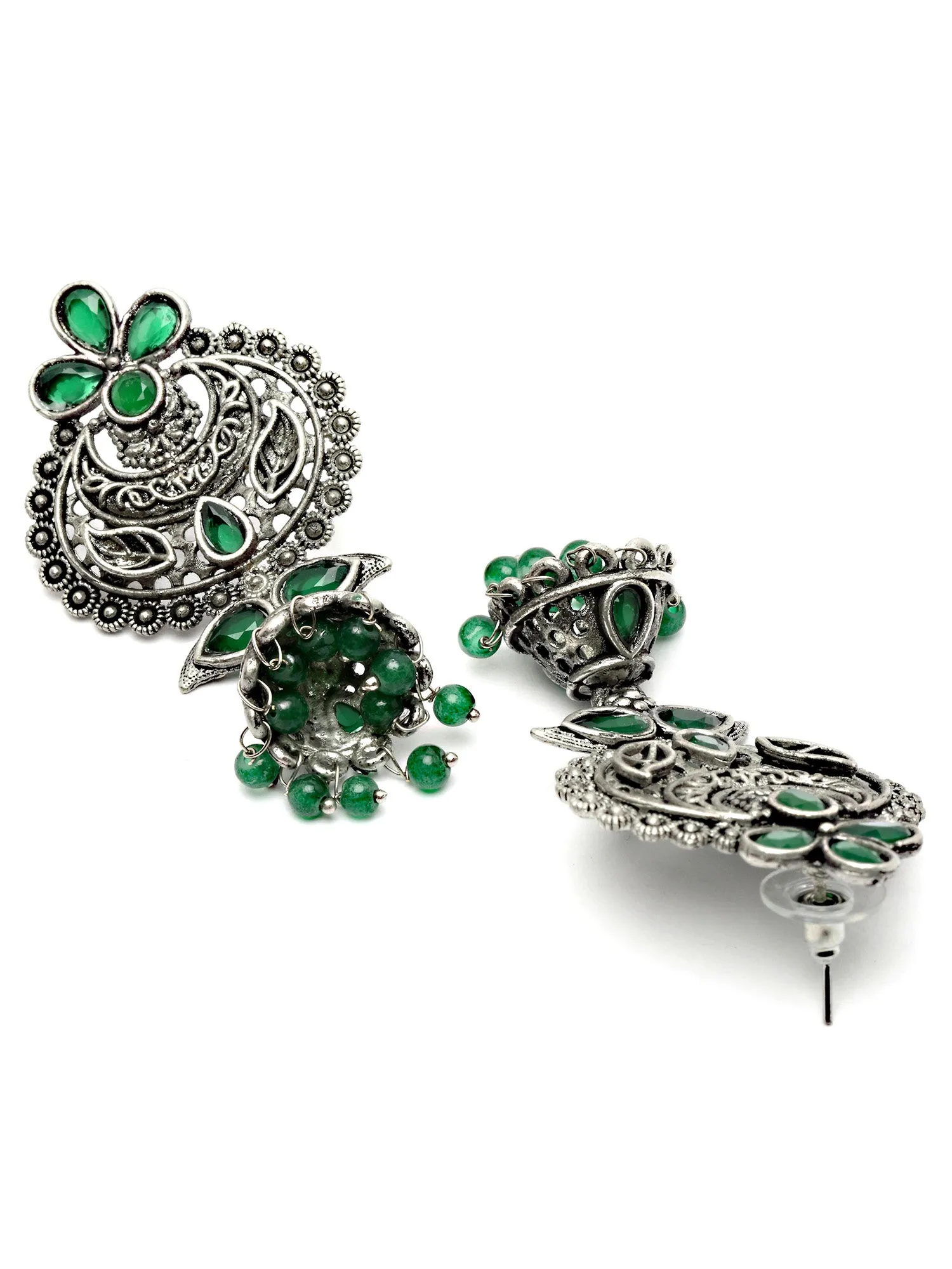 Karatcart Oxidised Silver Green Beads and Stone Studded Dangler Earring for Women