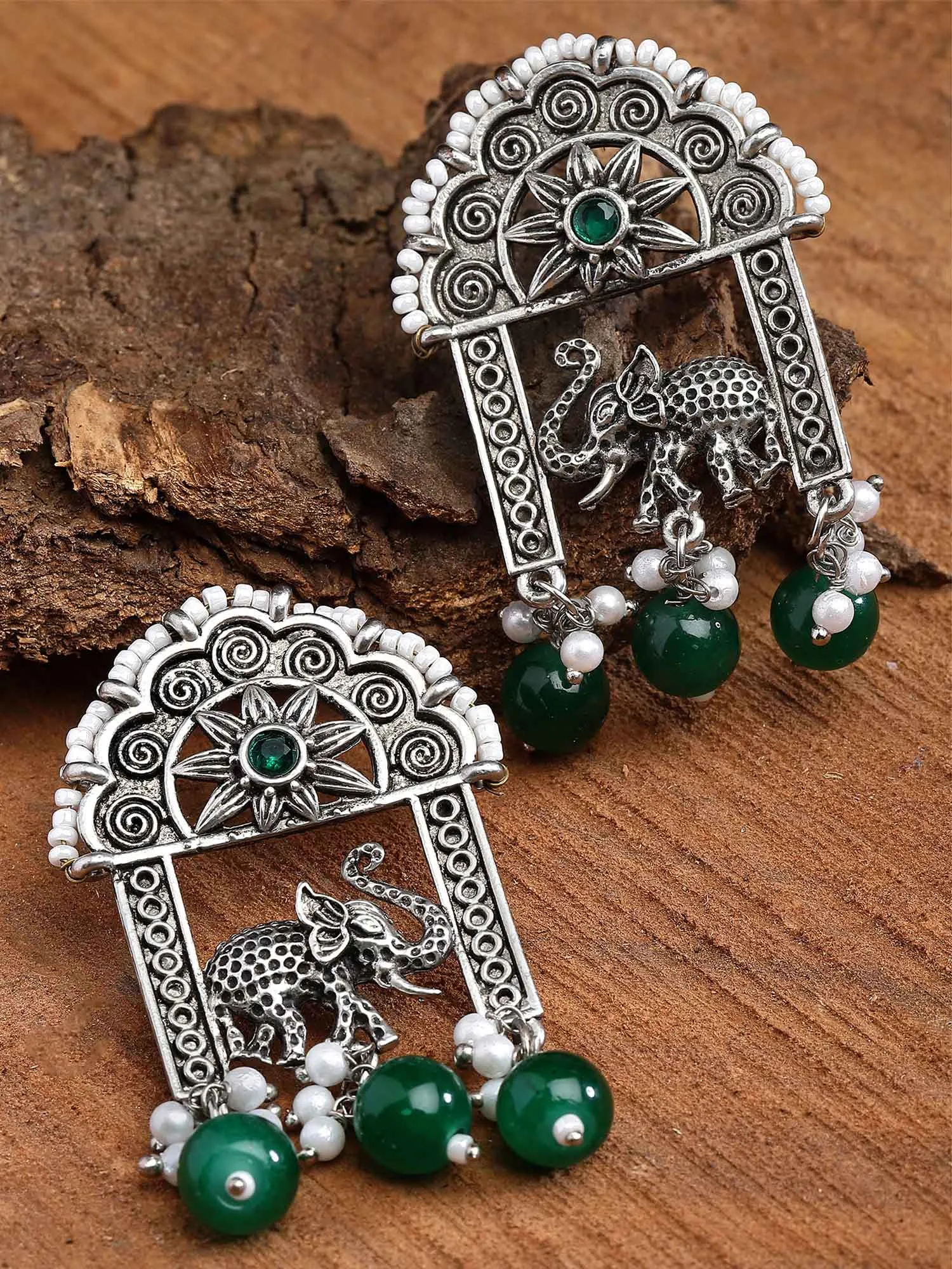 Karatcart Oxidised Silver Green Beads Elephant Design Dangler Earrings for Women
