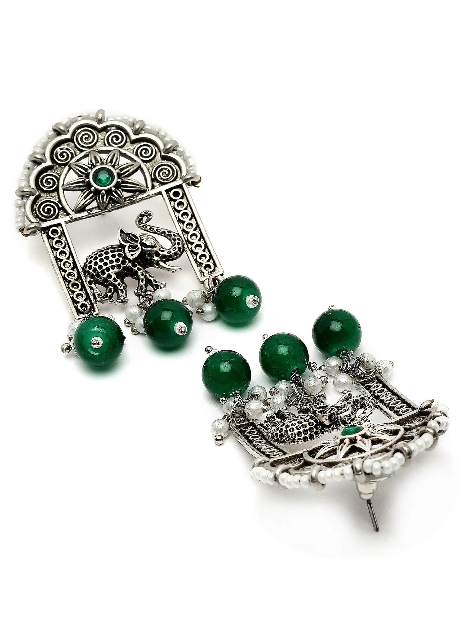 Karatcart Oxidised Silver Green Beads Elephant Design Dangler Earrings for Women