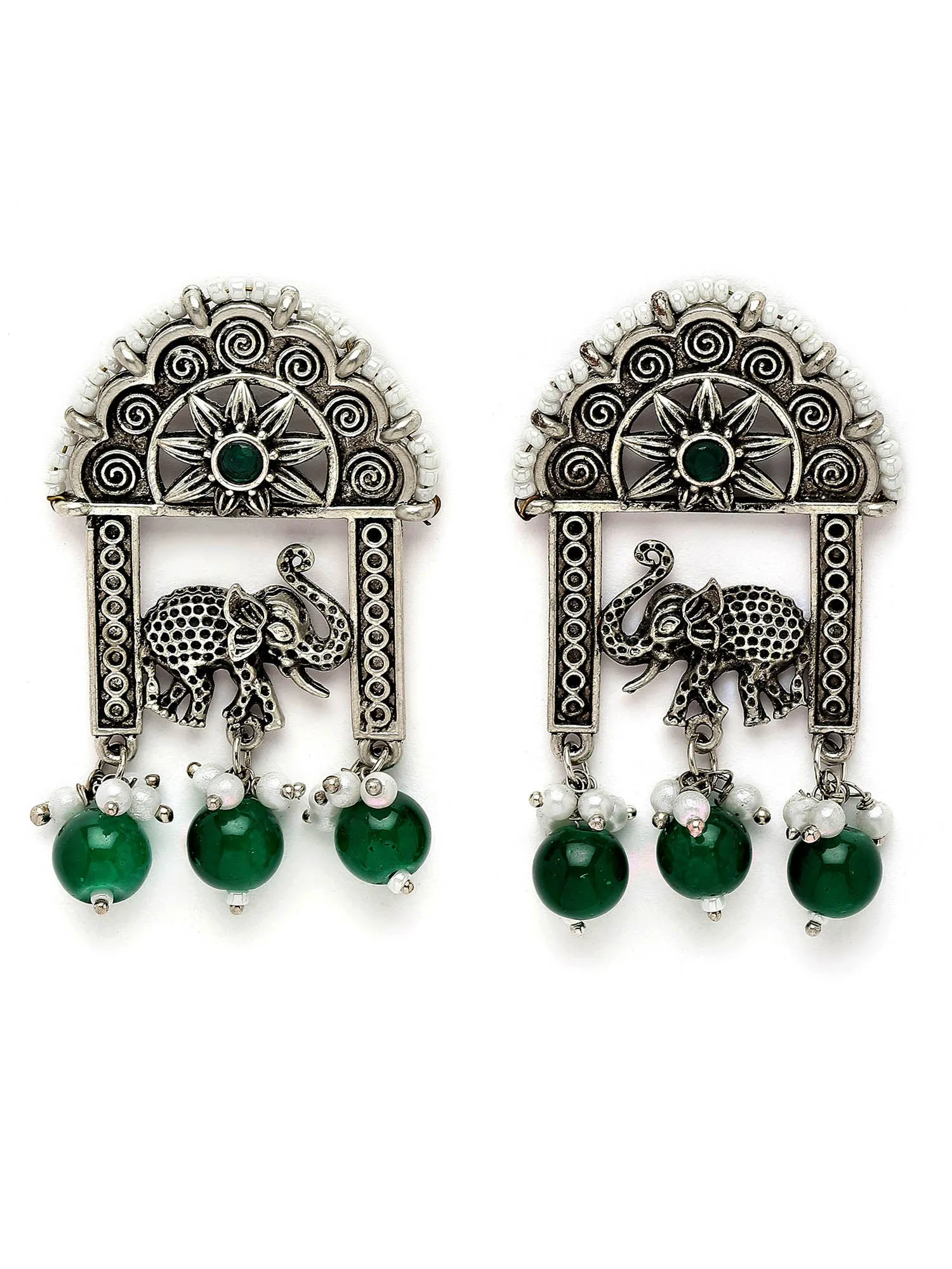 Karatcart Oxidised Silver Green Beads Elephant Design Dangler Earrings for Women