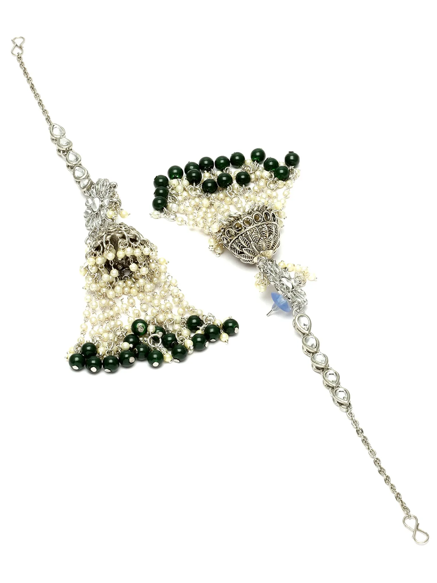Karatcart Oxidised Silver Green Beads Kundan Jhumki Kaanchain Earrings for Women
