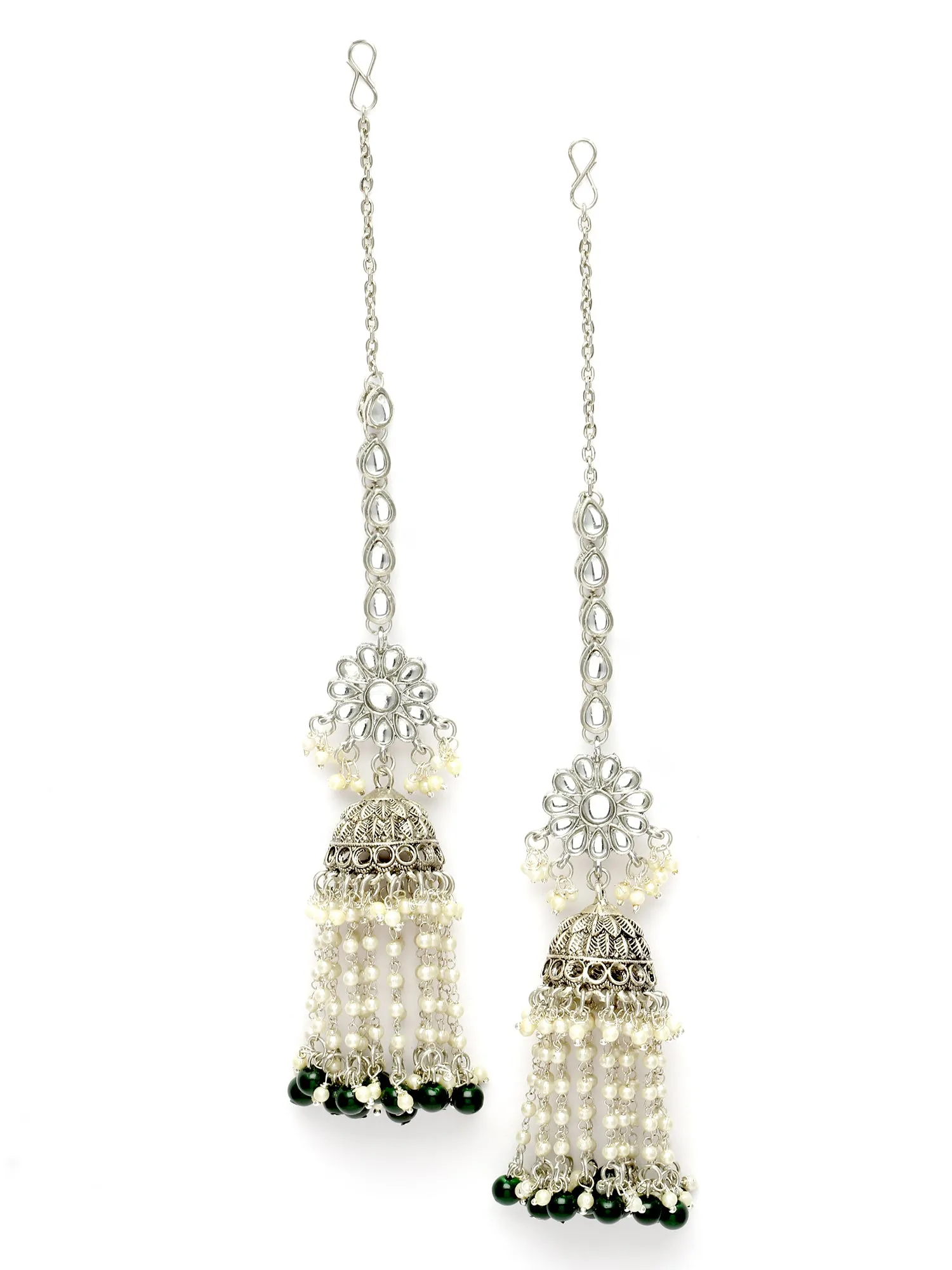 Karatcart Oxidised Silver Green Beads Kundan Jhumki Kaanchain Earrings for Women