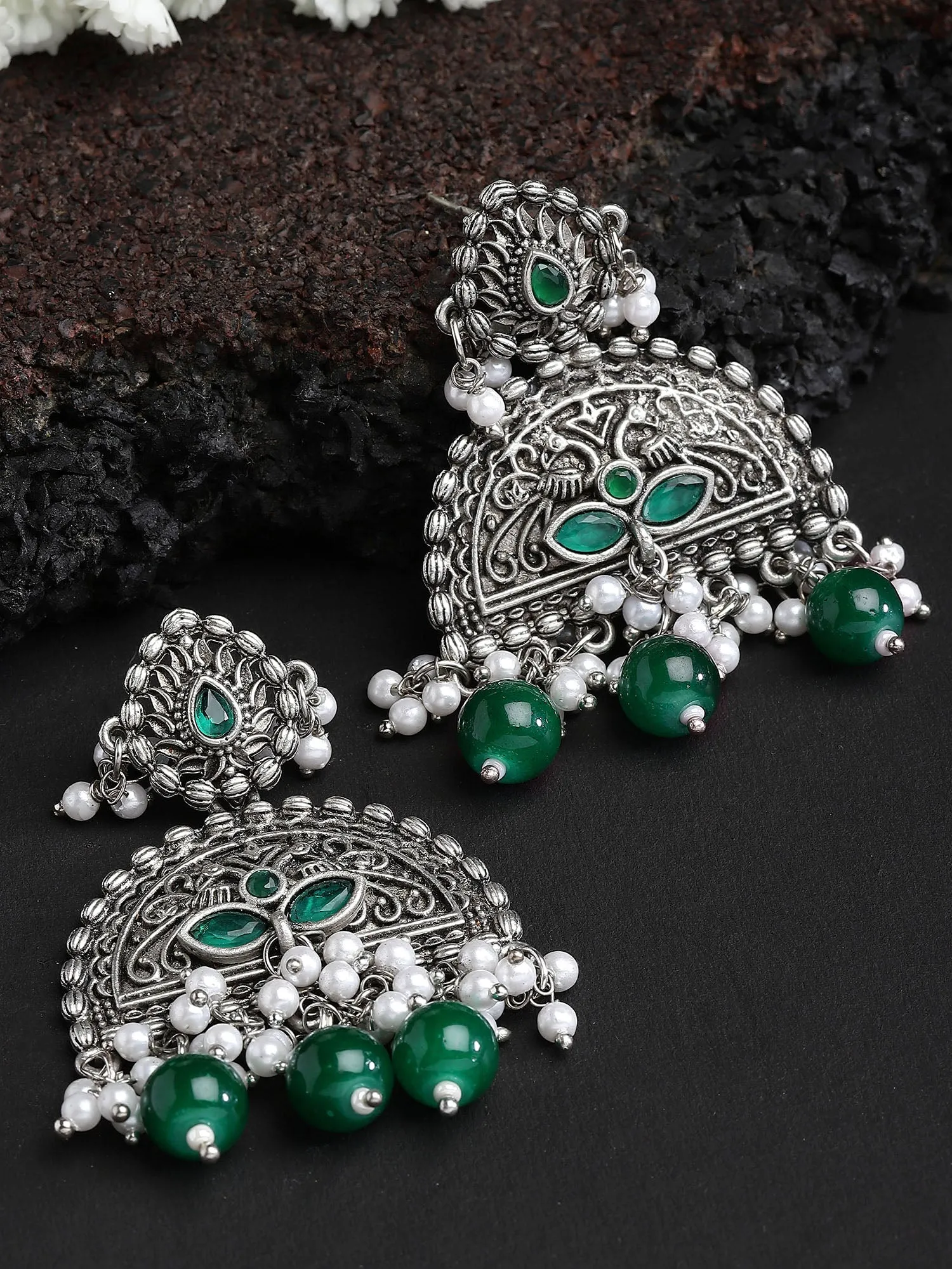 Karatcart Oxidised Silver Green Beads Peacock Design Dangler Earrings for Women
